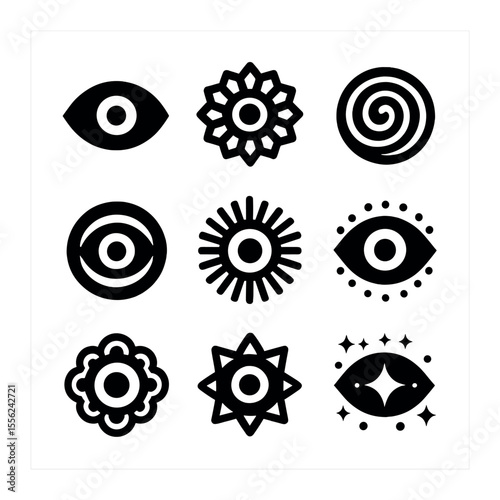 Eye Mandalas Icons. Solid, filled icons set of eye mandalas: eye center, petals ring, spiral around, layered