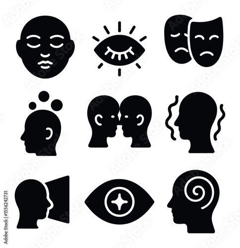 Subconscious Imagery Icons. Solid, filled icons set of subconscious imagery: dream face, closed eye light,