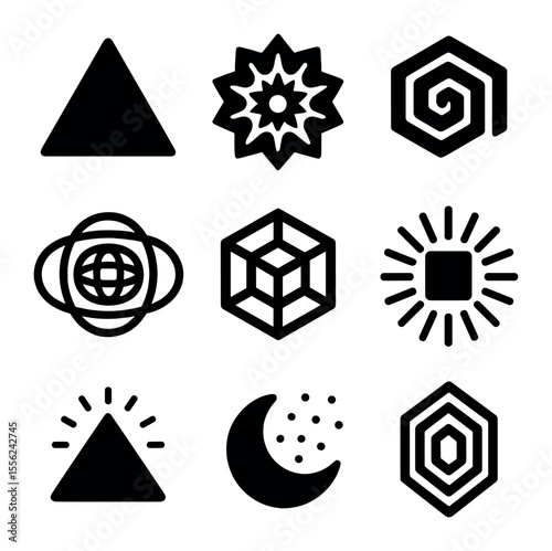 Cosmic Geometry Icons. Solid, filled icons set of cosmic geometry: sacred triangle, star mandala, spiral hex,
