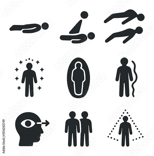 Astral Projection Icons. Solid, filled icons set of astral projection: floating body, tether beam, dream