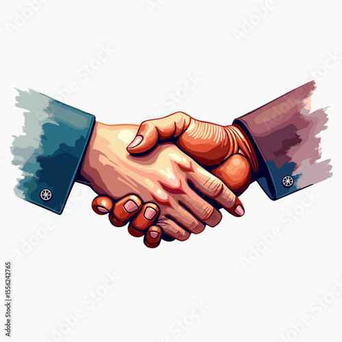 Two hands shaking in agreement with colorful watercolor background  