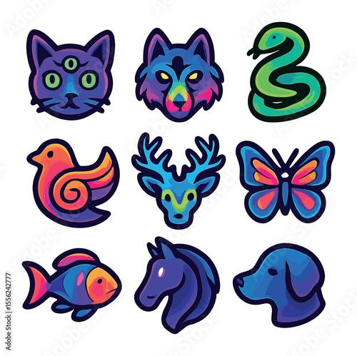 Trippy Animal Spirit Icons. Solid, filled icons set of trippy animal spirits: third-eye cat, neon wolf,