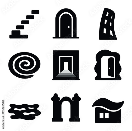 Surreal Architectural Icons. Solid, filled icons set of dream architecture: floating steps, portal door,