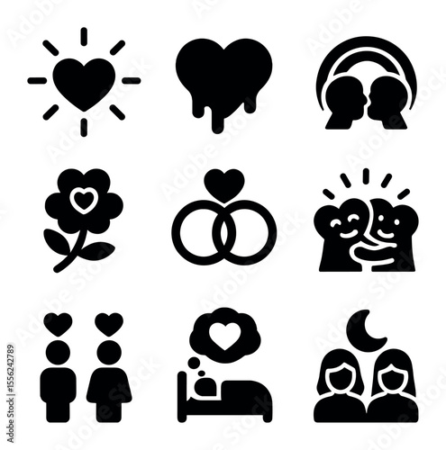 Love Trip Icons. Solid, filled icons set of love trip icons: heart beam, melting heart, rainbow kiss, flower