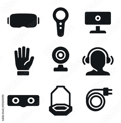 Virtual Reality Gear Icons. Solid, filled icons set of virtual reality gear: VR headset, motion controller,