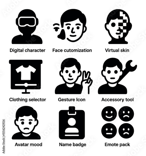 Metaverse Avatar Icons. Solid, filled icons set of metaverse avatars: digital character, face customization,
