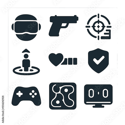 VR Gaming Icons. Solid, filled icons set of VR gaming: headset icon, virtual gun, in-game HUD, teleport pad,