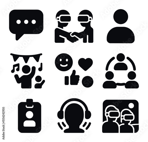 Metaverse Social Icons. Solid, filled icons set of metaverse socializing: chat bubble, virtual handshake,