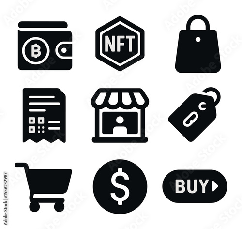Metaverse Commerce Icons. Solid, filled icons set of metaverse commerce: crypto wallet, NFT icon, shopping bag
