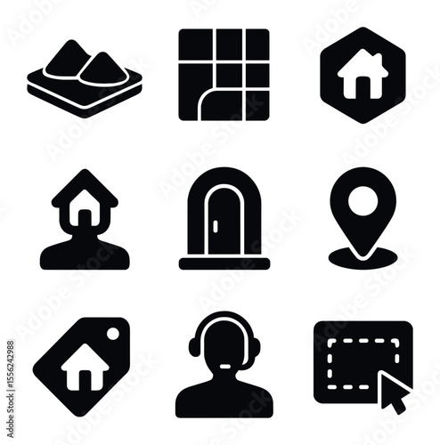 Digital Real Estate Icons. Solid, filled icons set of digital real estate: land plot, grid map, property token