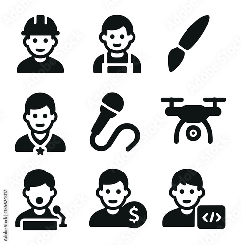 Metaverse Career Icons. Solid, filled icons set of metaverse careers: builder avatar, shopkeeper icon, artist
