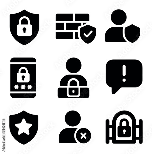 Metaverse Security Icons. Solid, filled icons set of metaverse security: lock shield, privacy wall, user