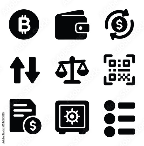 Digital Currency Icons. Solid, filled icons set of digital currencies: crypto coin, wallet icon, exchange rate