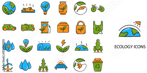 Ecology simple concept 24 hand drawn color icons set .Vector illustration.	