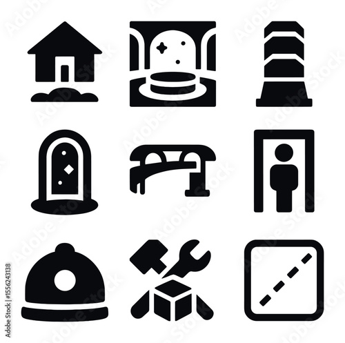 Metaverse Architecture Icons. Solid, filled icons set of metaverse architecture: floating house, space lobby,