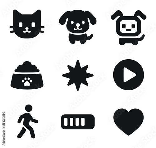 Virtual Pet Icons. Solid, filled icons set of virtual pets: digital cat, floating dog, robot pet, pet food