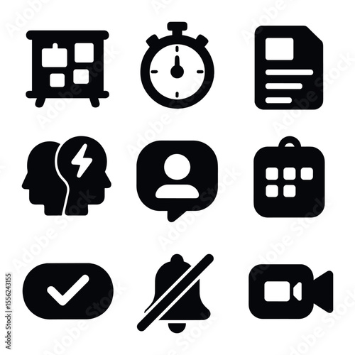 Modern Workspace Icons. Solid, filled icons set of virtual workspace: idea board, focus timer, document viewer