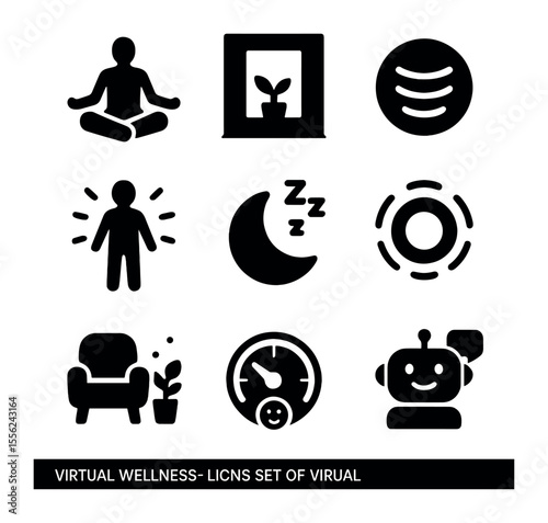 Virtual Wellness Icons. Solid, filled icons set of virtual wellness: meditate pose, calm room, breath tracker,