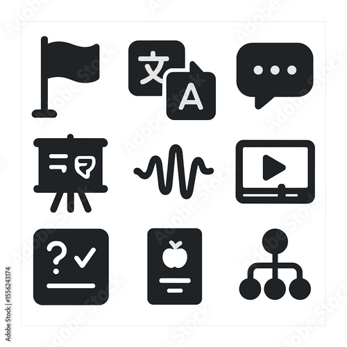 Immersive Language Icons. Solid, filled icons set of immersive language learning: flag icon, translate tool,
