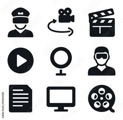 VR Cinematic Tools Icons. Solid, filled icons set of VR cinematic tools: director icon, camera path, scene