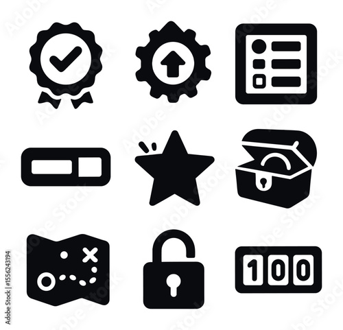 Gamified Learning Icons. Solid, filled icons set of gamified learning: progress badge, level up, quiz board,