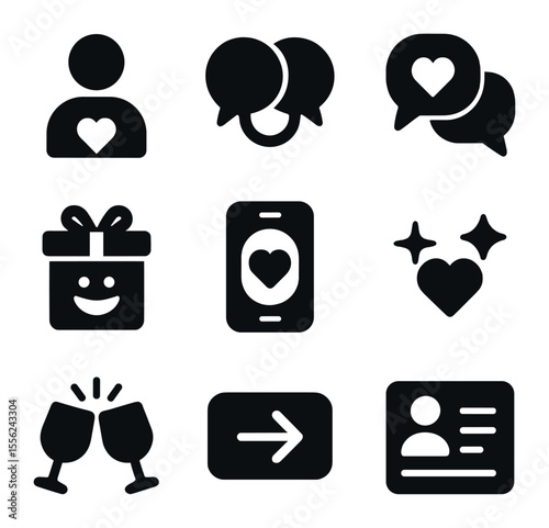 Virtual Dating Icons. Solid, filled icons set of virtual dating: heart avatar, chat ring, match bubble, emoji