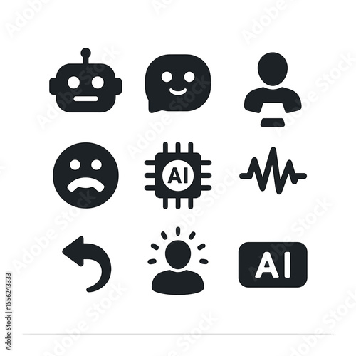 AI Companion Icons. Solid, filled icons set of AI companions in metaverse: bot head, chat face, assist beam,