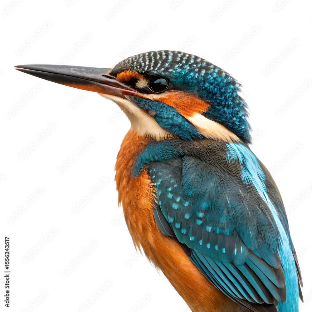 Obraz premium A vibrant kingfisher, isolated on transparent background, is shown in a detailed closeup profile view, showcasing its striking blue and orange plumage against a clean white backdrop