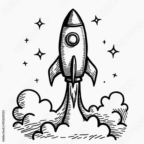 launching a painted rocket into space with clouds and stars