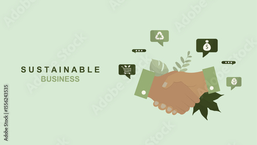 Sustainable business partnership handshake with eco friendly communication icons and environmental symbols. Green business collaboration and corporate responsibility concept. Vector illustration