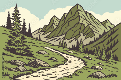 Flat Vector Illustration of a Hiking Trail in the Mountains with a Dog