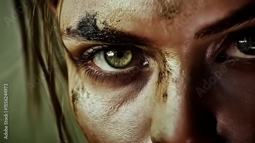 Intense Gaze: The Alluring Green Eye of a Focused Character in Close-Up