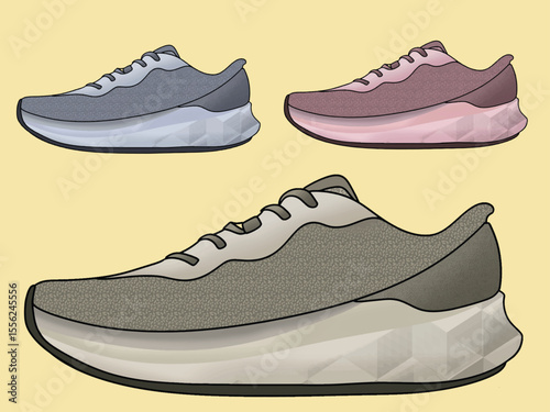 Fitness sneakers shoes set. Fashion male comfortable footwear, pair of athletic shoes fitness foot. Sports shoes of various shapes, training footwear, active sport sneakers cartoon vector illustration