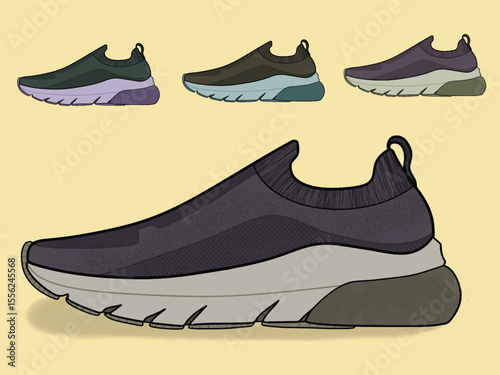 Fitness sneakers shoes set. Fashion male comfortable footwear, pair of athletic shoes fitness foot. Sports shoes of various shapes, training footwear, active sport sneakers cartoon vector illustration