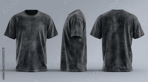 black acid wash t-shirt mockup in three views, streetwear branding and vintage apparel designs
