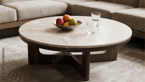Modern Round Coffee Table with Fruits and Glasses on a Living Room Carpet