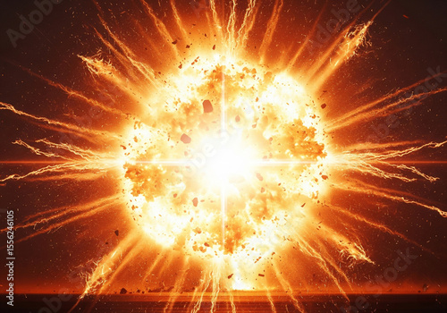  A powerful, fiery explosion rips through the night, engulfing structures in a chaotic burst of flames and debris.

