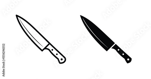 A simple black and white illustration of two identical chef's knives