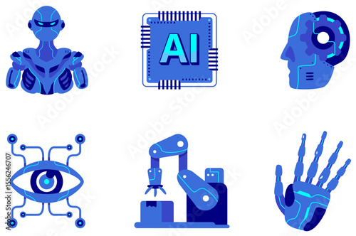 AI Technology Icons Robots, AI Chip, and Futuristic Designs