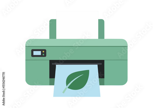 Eco-friendly printer with leaf icon printing on paper, symbolizing sustainable office solutions
