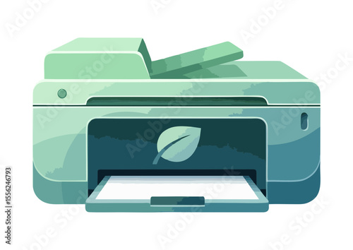 Eco printer with leaf icons on printed pages, representing sustainable office technology
