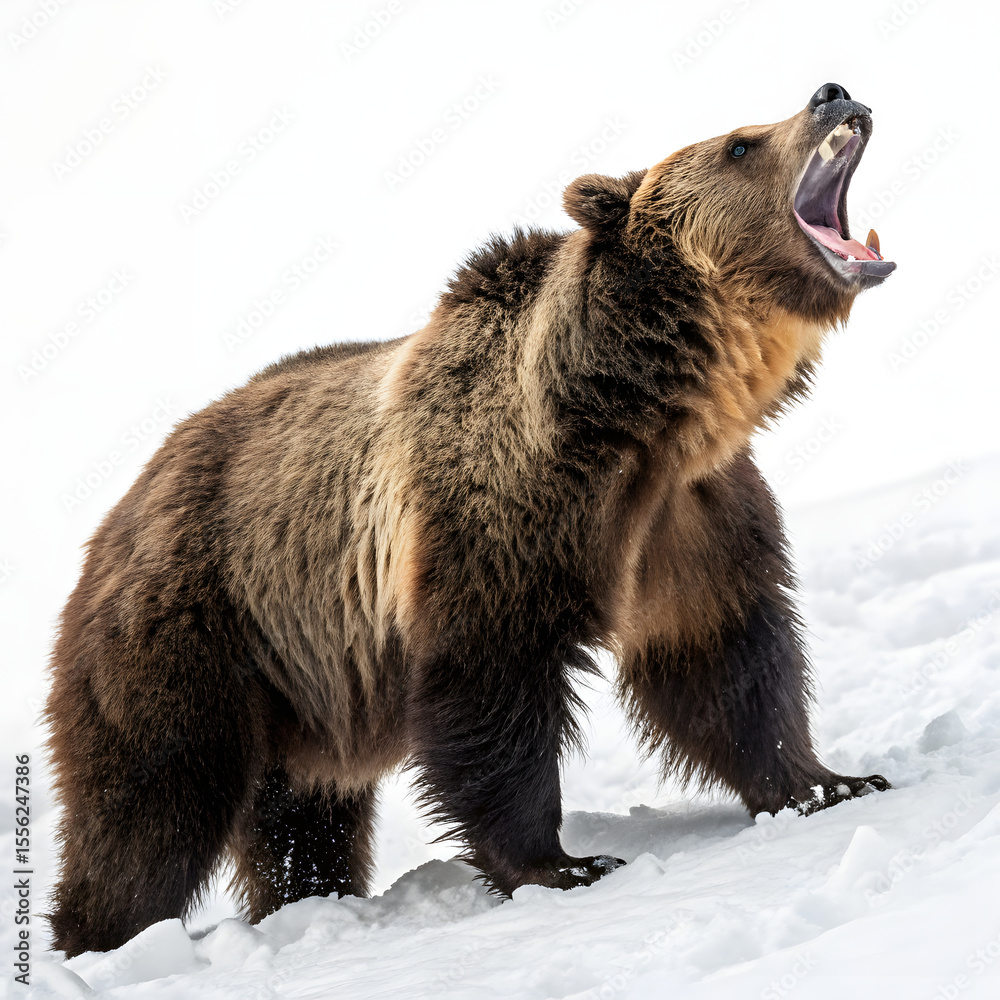 Fototapeta premium A large brown bear stands in the snow, roaring fiercely, isolated on a transparent background, a dramatic winter scene