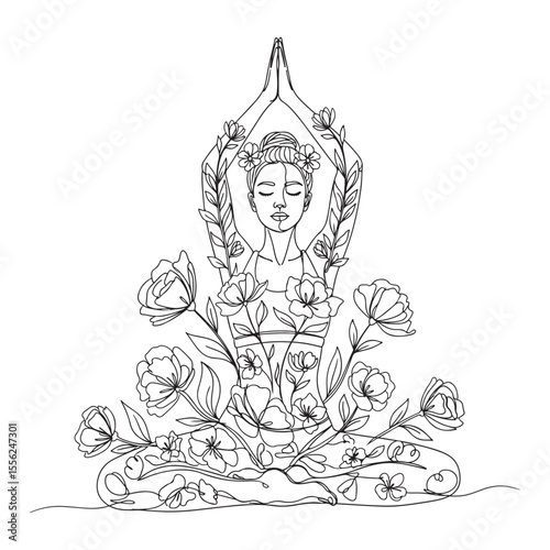Woman meditating surrounded by flowers line art yoga