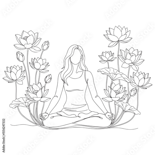Woman meditating surrounded by lotus flowers line art