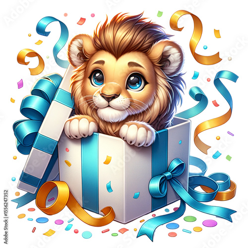 Surprise Birthday Gift: An adorable cartoon lion cub pops out of a decorated gift box, surrounded by ribbons and confetti, symbolizing joy and celebration. 