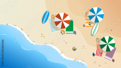 Aerial view of a sunny beach with umbrellas, towels, surfboards, and accessories. Summer vacation concept with sea, sand, and colorful beach items in vector flat design