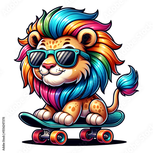 Cool Lion on Skateboard: A vibrant illustration of a cool lion with colorful mane and sunglasses, effortlessly riding a skateboard, embodying fun and a carefree spirit.