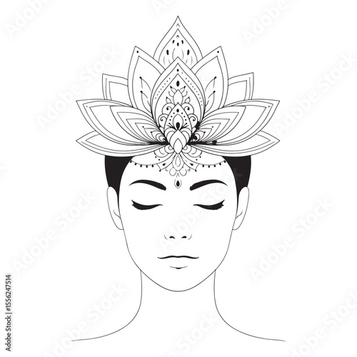 Woman with intricate lotus headdress meditating face