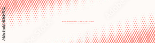 Checkered chevron halftone pattern angled frame ultra wide 32:9 aspect ratio white red vector abstract background. Chequered corner half tone graphic panoramic ultrawide format groovy abstraction