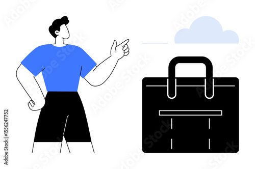 Confident individual gestures toward a cloud beside an oversized shopping bag. Ideal for e-commerce, online shopping, cloud services, market trends, retail strategies, goal setting, simple flat